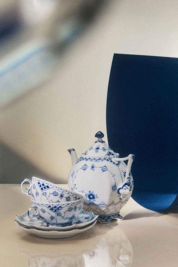 RC-Wrapped-In-BlueBlueFluted-FullLace-Teapot-100cl-Cup-and-Saucer-20cl-1200w-100KB Royal Copenhagen Blue Fluted Full Lace tea Service | Kneen & Co