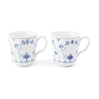 Royal Copenhagen Blue Fluted Plain Cup – Set of 2 shown on table | Kneen & Co