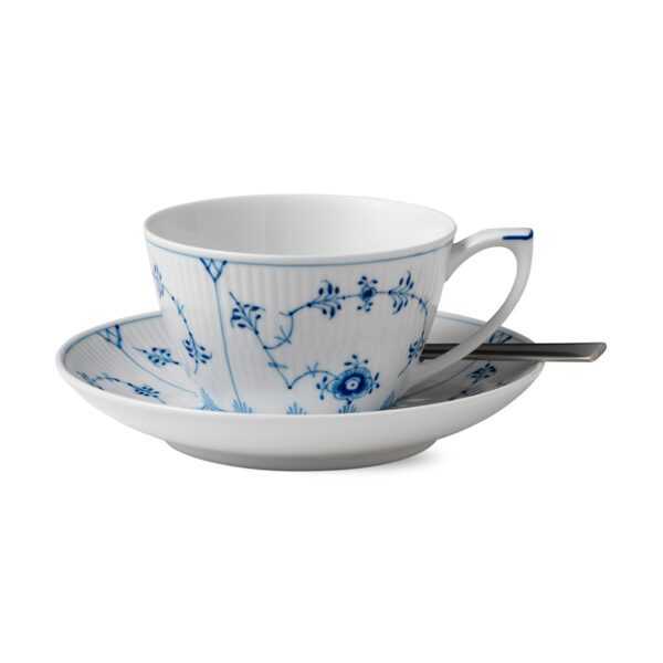 Royal Copenhagen Blue Fluted Plain Large Cup and Saucer shown on table | Kneen & Co