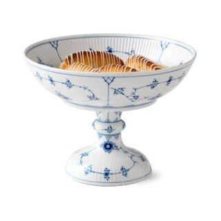 Royal Copenhagen Blue Fluted Plain Bowl on High Foot shown on table | Kneen & Co
