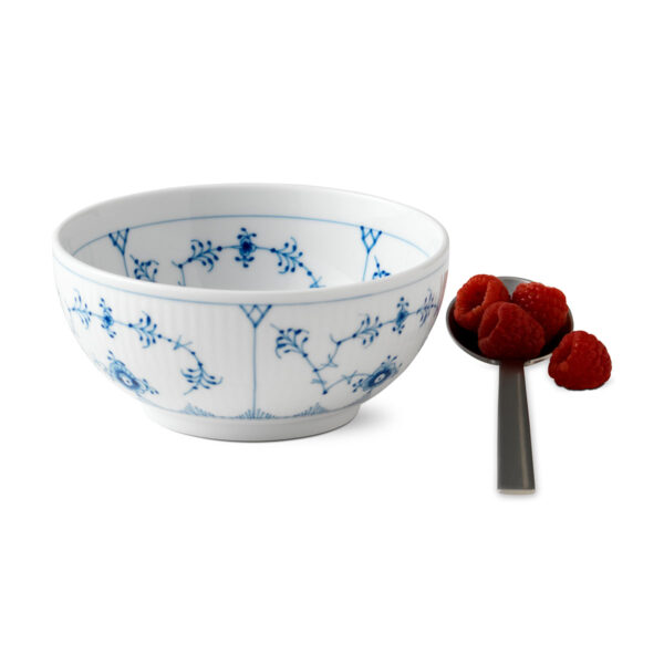 Royal Copenhagen Blue Fluted Plain Cereal Bowl shown on table | Kneen & Co