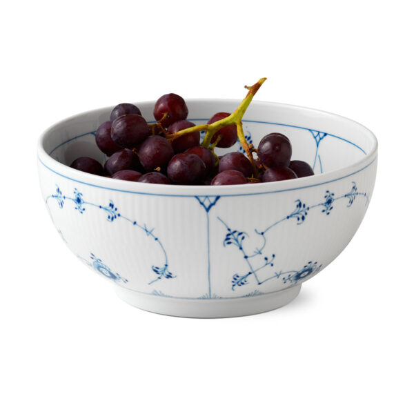 RoyalCopenhagen-1016766-BLUE-FLUTED-PL-BOWL-21CM-01-1200x1200-100KB Royal Copenhagen Blue Fluted Plain Large Salad Bowl shown on table | Kneen & Co