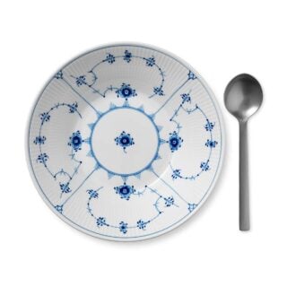Royal Copenhagen Blue Fluted Plain Large Deep Plate shown on table | Kneen & Co