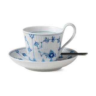 Royal Copenhagen Blue Fluted Plain High Handle Cup and Saucer shown on table | Kneen & Co