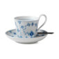 Royal Copenhagen Blue Fluted Plain High Handle Cup and Saucer shown on table | Kneen & Co
