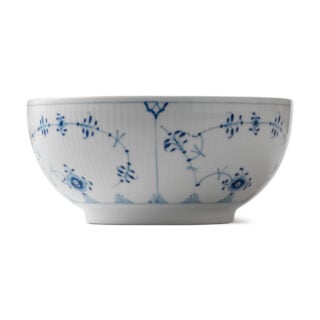 Royal Copenhagen Blue Fluted Plain Medium Salad Bowl shown on table | Kneen & Co