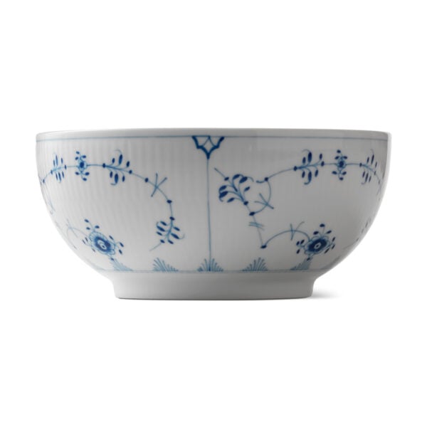 Royal Copenhagen Blue Fluted Plain Medium Salad Bowl shown on table | Kneen & Co
