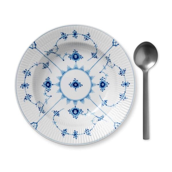 RoyalCopenhagen-1017196-BLUE-FLUTED-PL-PLATE-DEEP-23CM-01-1200x1200-100KB Royal Copenhagen Blue Fluted Plain Medium Deep Plate shown on table | Kneen & Co