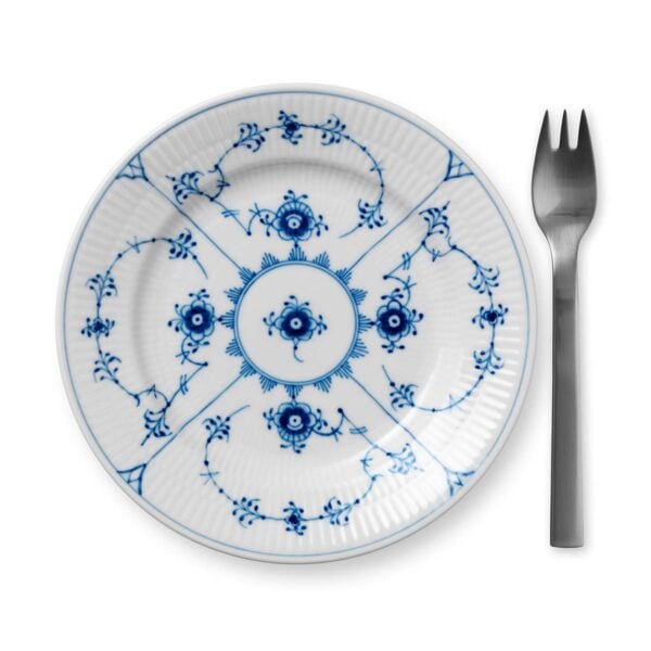 RoyalCopenhagen-1017198-BLUE-FLUTED-PL-PLATE-17CM-01-1200x1200-100KB Royal Copenhagen Blue Fluted Plain Dessert Plate shown on table | Kneen & Co