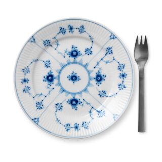 Royal Copenhagen Blue Fluted Plain Lunch Plate shown on table | Kneen & Co