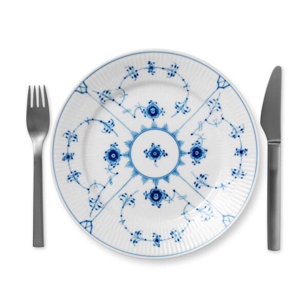 Royal Copenhagen Blue Fluted Plain Dinner Plate shown on table | Kneen & Co