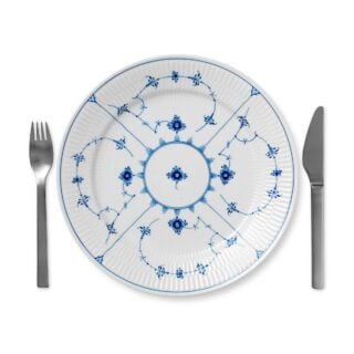 Royal Copenhagen Blue Fluted Plain Platter shown on table | Kneen & Co