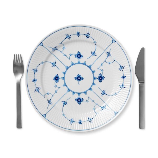Royal Copenhagen Blue Fluted Plain Platter shown on table | Kneen & Co