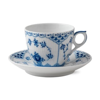 Royal Copenhagen Blue Fluted Half Lace Coffee Cup and Saucer | Kneen & Co