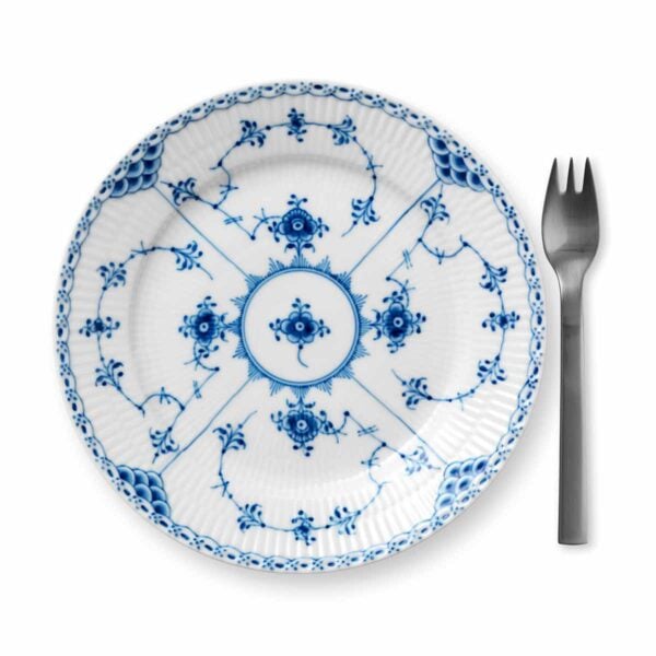 RoyalCopenhagen-1017222-BLUE-FLUTED-HL-PLATE-19CM-01-1200x1200-100KB Royal Copenhagen Blue Fluted Half Lace Small Plate shown on table | Kneen & Co