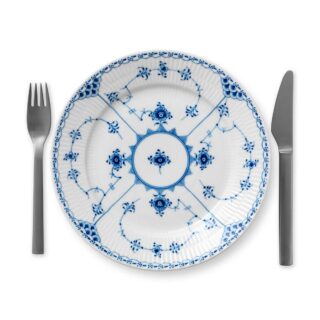 Royal Copenhagen Blue Fluted Half Lace Medium Plate shown on table | Kneen & Co