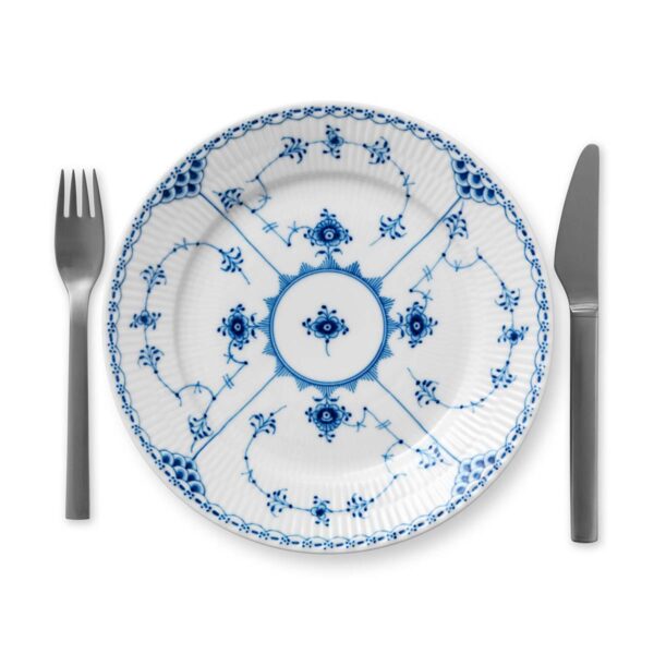 Royal Copenhagen Blue Fluted Half Lace Medium Plate shown on table | Kneen & Co