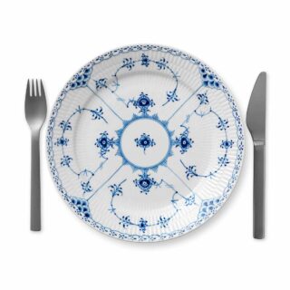 Royal Copenhagen Blue Fluted Half Lace Large Plate shown on table | Kneen & Co