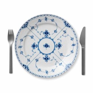Royal Copenhagen Blue Fluted Half Lace Extra Large Plate shown on table | Kneen & Co