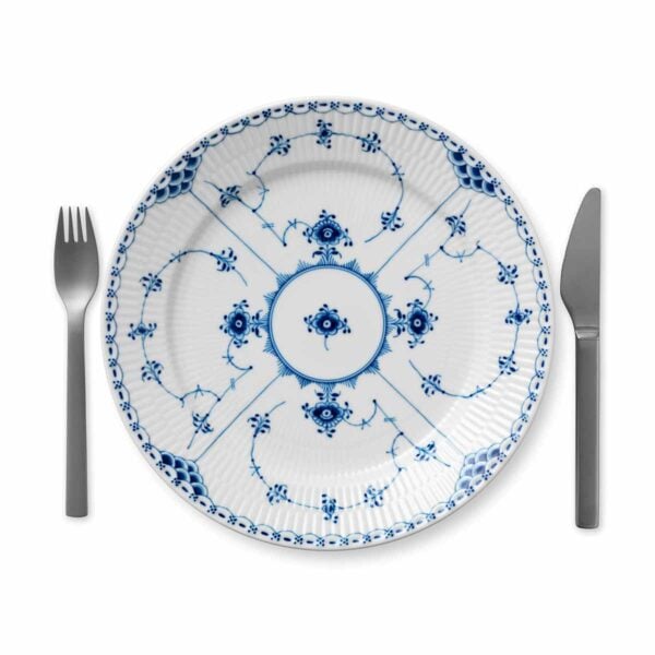 Royal Copenhagen Blue Fluted Half Lace Extra Large Plate shown on table | Kneen & Co
