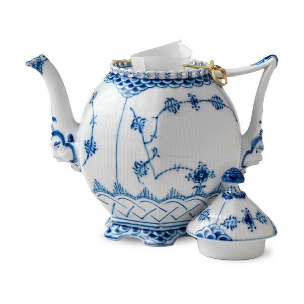 Royal Copenhagen Blue Fluted Full Lace Large Teapot shown on table | Kneen & Co