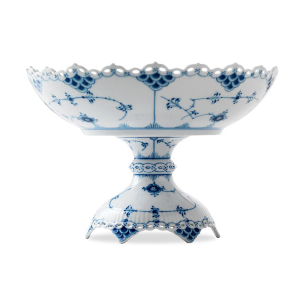 Royal Copenhagen Blue Fluted Full Lace Bowl on High Foot shown on table | Kneen & Co
