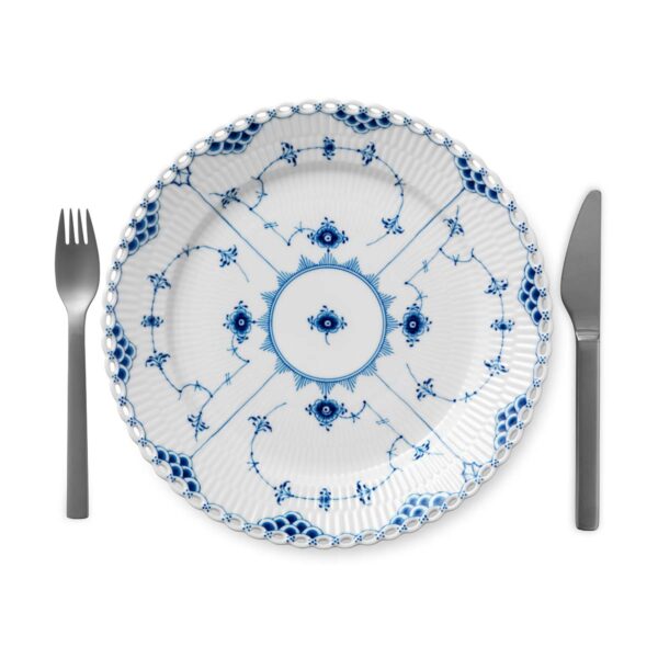 Royal Copenhagen Blue Fluted Full Lace Dinner Plate shown on table | Kneen & Co