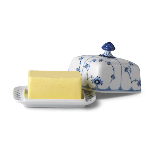 RoyalCopenhagen-1026442-Blue-FlutedPlain-Butter-Dish-02-1200x1200-100KB Royal Copenhagen Blue Fluted Plain Butter Dish shown on table | Kneen & Co