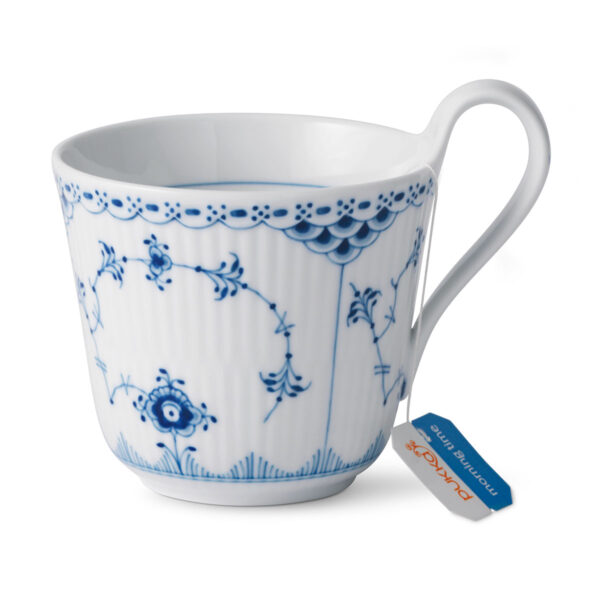 RoyalCopenhagen-1026447-Blue-Fl-Half-Lace-High-Handle-Mug-33CL-03-1200x1200-100KB Royal Copenhagen Blue Fluted Half Lace High Handle Cup shown on table | Kneen & Co