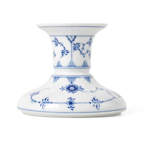 Royal Copenhagen Blue Fluted Plain Short Candle Holder shown on table | Kneen & Co