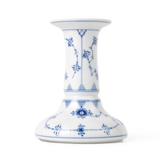 Royal Copenhagen Blue Fluted Plain Tall Candle Holder shown on table | Kneen & Co