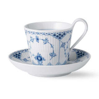 Royal Copenhagen Blue Fluted Half Lace High Handle Cup and Saucer | Kneen & Co