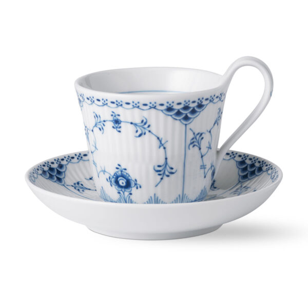 RoyalCopenhagen-1055308-Blue-Fluted-HL-Cup+Saucer-25cl-01-1200x1200-100KB Royal Copenhagen Blue Fluted Half Lace High Handle Cup and Saucer | Kneen & Co