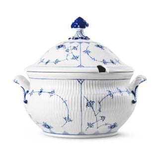 Royal Copenhagen Blue Fluted Plain Tureen with Lid shown on table | Kneen & Co