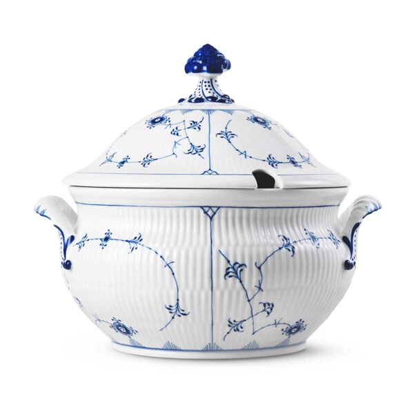 Royal Copenhagen Blue Fluted Plain Tureen with Lid shown on table | Kneen & Co
