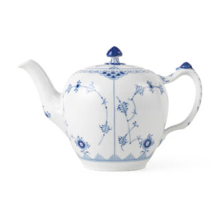 Royal Copenhagen Blue Fluted Half Lace Teapot shown on table | Kneen & Co
