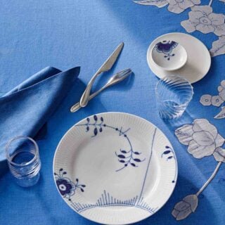 Royal Copenhagen Blue Fluted Mega dinnerware on table | Kneen & Co