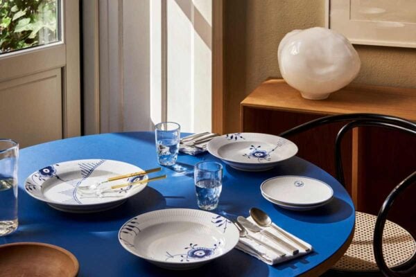 Royal Copenhagen Blue Fluted Mega Dinnweware set on table | Kneen & Co