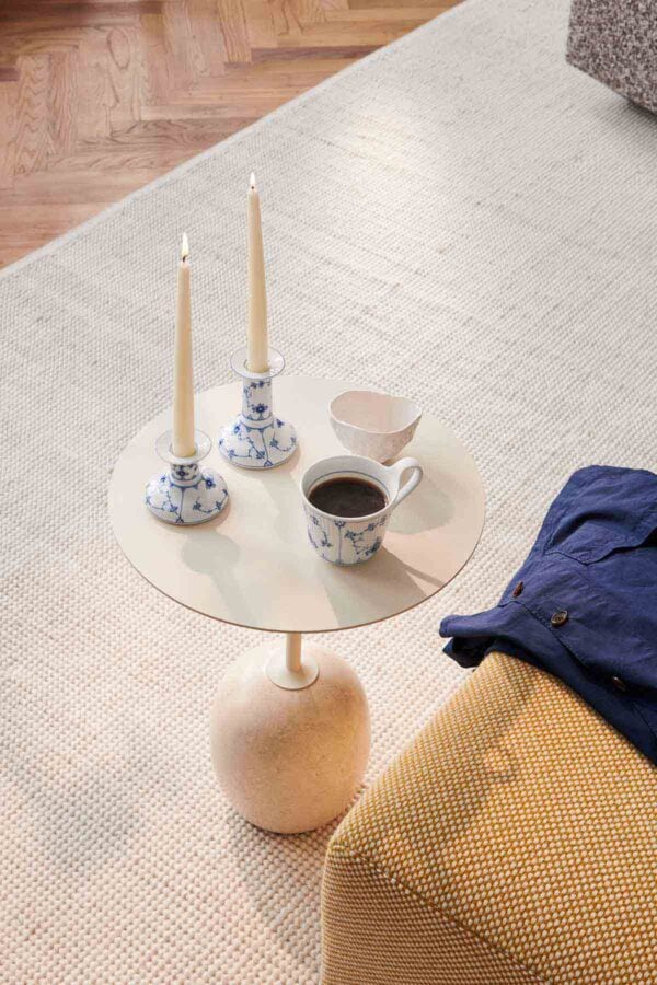 Royal Copenhagen Blue Fluted Plain High Handle Cup and Candle Sticks set on coffee table | Kneen & Co