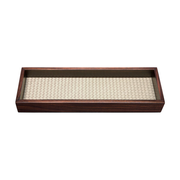 GB-Riviere-VT2-EINT-Febe-Ebony-Hndwvn-LongRectangular-ValetTray-WovenPaddedLeather-IVORY-Frame-EBONY-CUTOUT01-1200x1200-100KB Riviere Febe Long Rectangular Ebony Handwoven Valet Tray | Kneen & Co