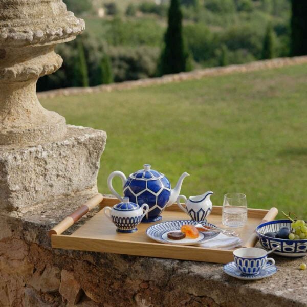 Hermes Bleus D'Ailleurs Tea Service set on tray outside | Kneen & Co