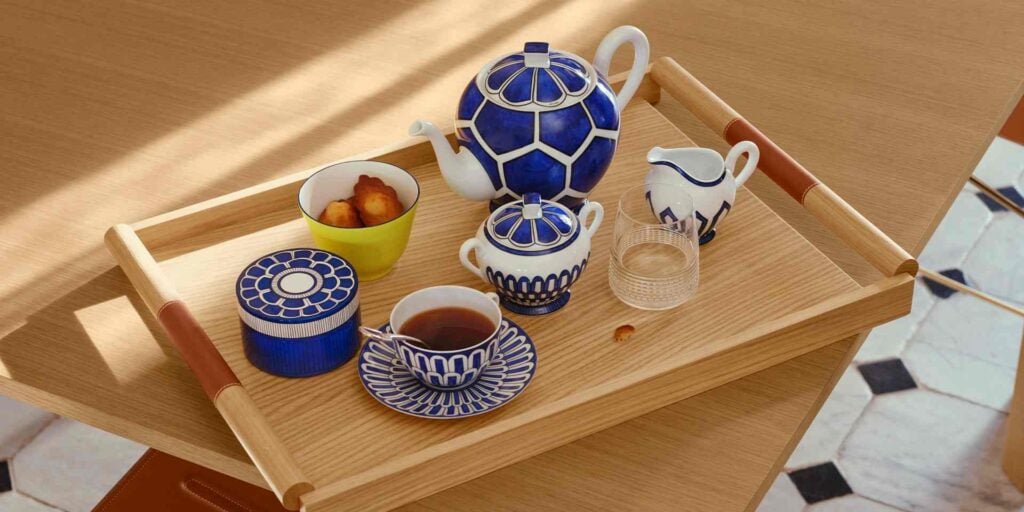Hermes Bleus D'Ailleurs Tea Service set on tray | Kneen & Co