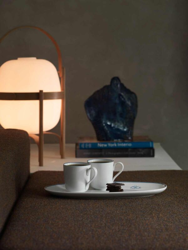 RC-Blueline-Cup-with-handle-37cm-dish-1200w-100KB Royal Copenhagen Blueline coffee cups set on table | Kneen & Co