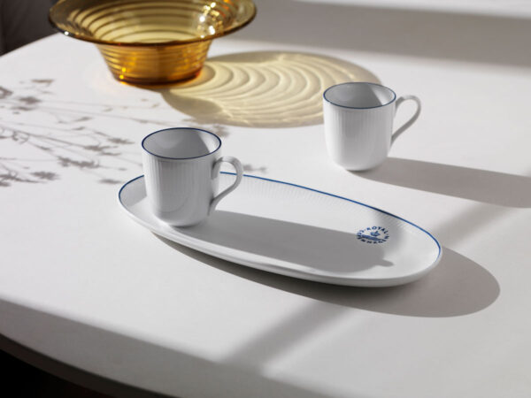 RC-Blueline-Oval-dish-37cm-Cup-handle-28cl-1200w-100KB Royal Copenhagen Blueline Dinnerware set on table | Kneen & Co