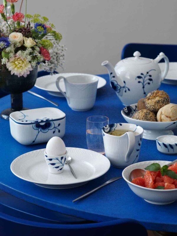 RC-WHTFluted-HalfLacePlate-19-cm-BFM-High-HandleCup-33cl-BFM-EggCup-BFM-Butter-jar-with-lid-1200w-100KB Royal Copenhagen assorted dinnerware sets | Kneen & Co