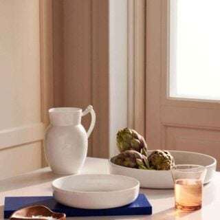 RC-WhiteFluted-Ovenware-Round-18.5cm-27cm-Jug-170cl-1200w-100KB Royal Copenhagen White Fluted Dinnerware set on table | Kneen & Co