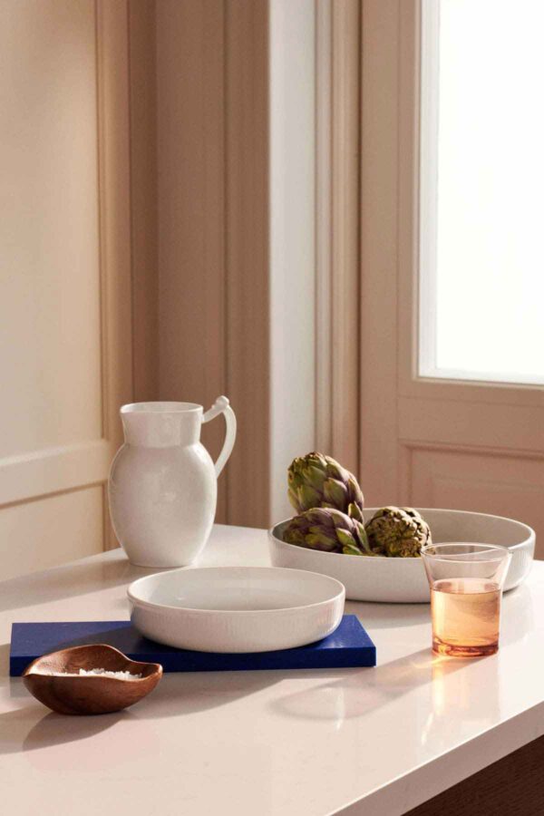 RC-WhiteFluted-Ovenware-Round-18.5cm-27cm-Jug-170cl-1200w-100KB Royal Copenhagen White Fluted Dinnerware set on table | Kneen & Co