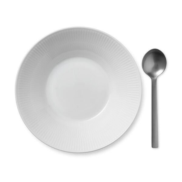 Royal Copenhagen White Fluted Wide Rim Bowl shown on table | Kneen & Co