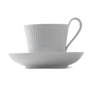 RoyalCopenhagen-1017278-WHITE-FLUTED-HL-CUP-&-SAUCER-24CL-04-1200×1200-100KB Royal Copenhagen White Fluted Half Lace Cup and Saucer shown on table | Kneen & Co