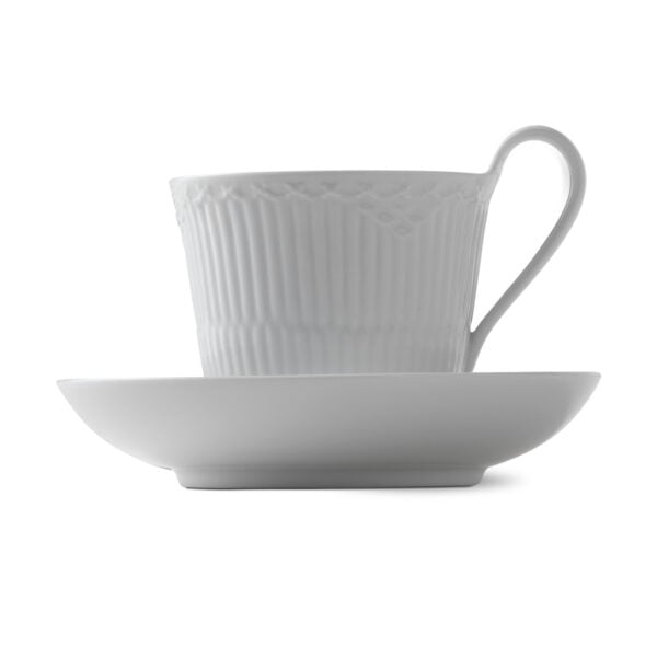 RoyalCopenhagen-1017278-WHITE-FLUTED-HL-CUP-&-SAUCER-24CL-04-1200x1200-100KB Royal Copenhagen White Fluted Half Lace Cup and Saucer shown on table | Kneen & Co